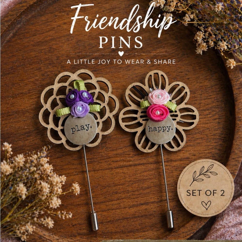 Artisan Friendship Stick Pins 2 Set Play Happy Shareable Gift Floral